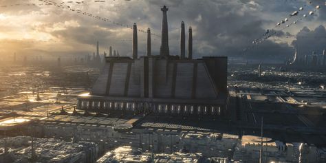 The Architecture of Star Wars: 7 Iconic Structures, Jedi Temple, Star Wars Planets, Star Wars 7, Star Wars The Old, Star Wars Tattoo, Star Wars Rpg, The Old Republic, Galactic Empire, City Illustration