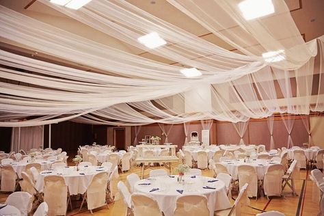 Tulle ceiling                                                       … Lds Wedding Reception Cultural Hall, Gym Wedding Reception, Tulle Ceiling, Wedding Traditions Game, Lds Weddings Reception, Reception Timeline, Wedding Reception Timeline, Wedding Draping, Wedding Ceiling