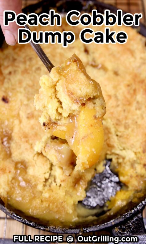 This was our first try at making dessert on the grill and it's definitely going to be repeated often. Peach Cobbler Dump Cake is easy enough for any night of the week and delicious enough to add to your next cookout with family and friends. Peach Cobbler On The Grill, Grilling Dessert Recipes, Grilled Peach Cobbler, Dessert On The Grill, Simple Summer Recipes, Cobbler Dump Cake, Southern Comfort Food Recipes, Peach Cobbler Dump Cake, Peach Dump Cake