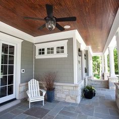 Cottage Build, Front Porch Stone, Grey Siding, Slate Tile Floor, House Colour, Gray Exterior, House Addition, Patio Slabs, Wooden Deck