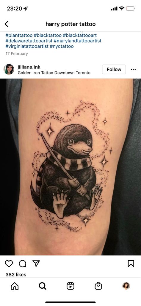 Harry Potter Niffler Tattoo, Niffler Tattoo Simple, Harry Potter Ghost Tattoo, Fantastic Beasts Tattoo Ideas, Niffler Art, Niffler Tattoo Design, Large Harry Potter Tattoo, Harry Potter Hedwig Tattoo, Harry Potter Cover Up Tattoo