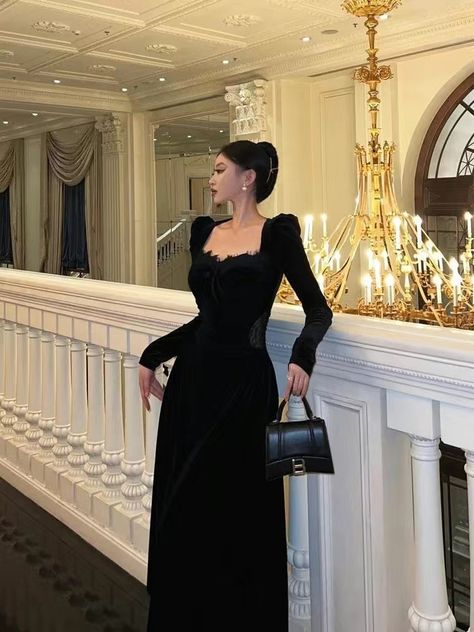 Goth Evening Dress, Satin Dresses Casual, Stylenanda Fashion, Dresses Birthday, Velvet Prom Dress, Date Night Dress, Dress Women Elegant, Birthday Outfits, Women Long Sleeve Dress