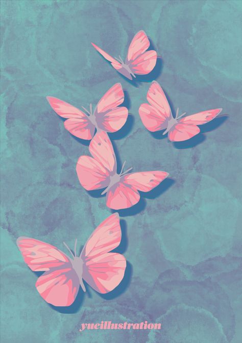 This Pinterest Pin shows a digital artwork painted in unnatural pink, purple and blue colors in a color blocking art style. This means the light and shadows are blocks of colors ranging from lighter to darker. This specific pin shows a row of pretty pastel butterflies over a blue water sea. You can purchase this piece as a print by clicking through the link that leads you to my Etsy store. Art Illustrations Aesthetic, Illustrations Aesthetic, Pastel Butterfly, Blue Aesthetic Dark, Trendy Art Prints, Pastel Butterflies, Colorful Art Prints, Butterfly Illustration, Water Sea