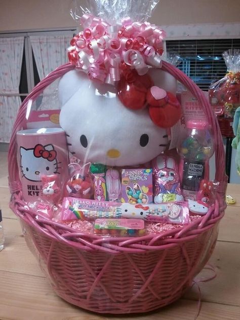 19 DIY Easter Basket Ideas For Kids & Toddlers | Munchkins Planet Hello Kitty Theme Gift Basket, Flower Present Gift, Diy Gifts Hello Kitty, Hello Kitty Birthday Gift Basket, Hello Kitty Birthday Present, Hello Kitty Birthday Gifts, Hello Kitty Birthday Basket, Hello Kitty Easter Basket, Gift Ideas Hello Kitty