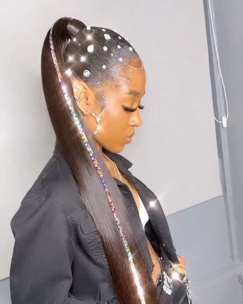 HAIR BY ESS on Instagram: “this bedazzled ponytail is everything 🤩🤩 #lahairstylist #invisibleponytail #ponytail #weaveinstall #hairbyess #la #silkpress…” Birthday Moodboard, Invisible Ponytail, Bday Hair, Girly Hairstyles, Black Hair Updo Hairstyles, Mommy Things, High Ponytail Hairstyles, Braided Styles, Hair Jewels