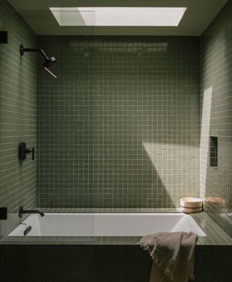 Ceramic Shower Tile, Mid Century Bungalow, Green Mosaic Tiles, Japandi Bathroom, Beach Drive, Mosaic Bathroom Tile, Green Mosaic, Mid Century Bathroom, Fireclay Tile