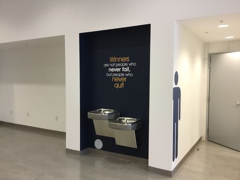 "Katz Yeshiva High School" Vinyl letters applied to water fountain wall, and side human icon vinyl School Water Fountain, Water Fountain Wall, Bathroom School, Fountain Wall, Mermaid School, School Improvement, School Entrance, School Hallways, Human Icon