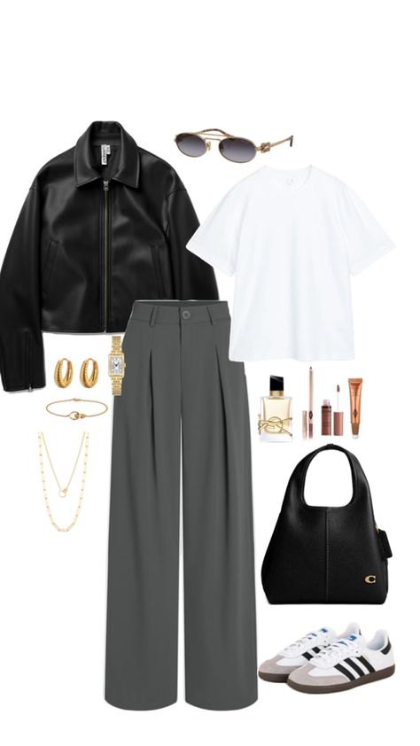 Casual outfit idea, spring outfit, fall outfit, adidas samba, grey wide leg pants, leather jacket, coach handbag, golden jewells, YSL, charlotte tillbury, fashion inspiration
#ad #sponsored #affiliate 
Jacket - https://amzn.to/49PfHB4
Pants - https://amzn.to/3Uz3AUw
T-shirt - https://amzn.to/4aTQRBy
Shoes - https://amzn.to/3W8iylv
Sunglasses - https://amzn.to/44fmQJH
Bag - 
Accessories - Leather Moto Jacket Outfit, Grey Wide Leg Pants, Coach Bag Outfit, Jacket Coach, Charlotte Tillbury, Moto Jacket Outfit, Coach Outfits, Casual Outfit Idea, Outfit Adidas