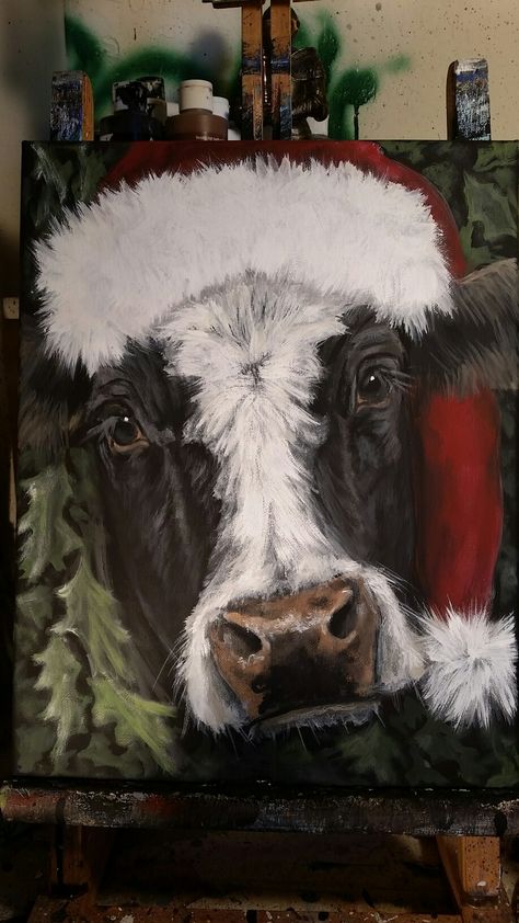 Cow Christmas Paintings On Canvas, Cow With Santa Hat Painting, Christmas Cow Painting Canvas, Farm Christmas Painting, Christmas Farm Painting, Farmhouse Canvas Art Diy Easy, Christmas Farm Animals Paintings, Cow Paintings On Canvas Acrylics, Cow Christmas Painting