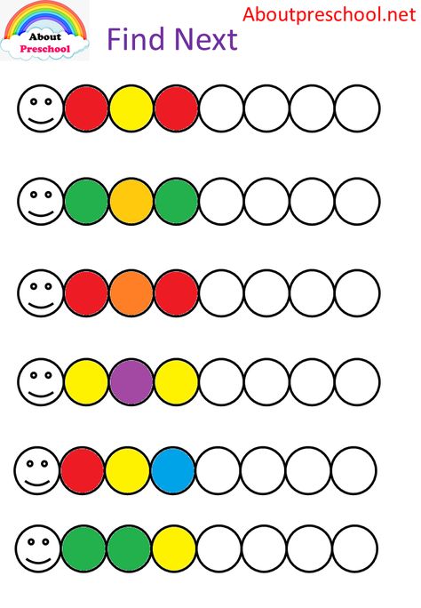 An activity that will contribute to your children’s cognitive development. Find and paint next color. What Comes Next Pattern Worksheet, Math For Preschoolers Activities, Pattern Preschool Activities, Patterns Activities Preschool, Same Or Different Preschool Worksheets, Patterns In Kindergarten, Patterns For Kindergarten, Pattern Activities Preschool, Math Patterns Activities