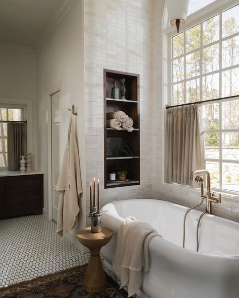 Instagram Freestanding Tub Alcove, Bathroom With Freestanding Bathtub, Free Standing Tub Ideas, Bathtub In Shower, Freestanding Tubs In Master Bath, Tub Alcove, Stand Alone Bath Tub, Master Remodel, Standing Tub