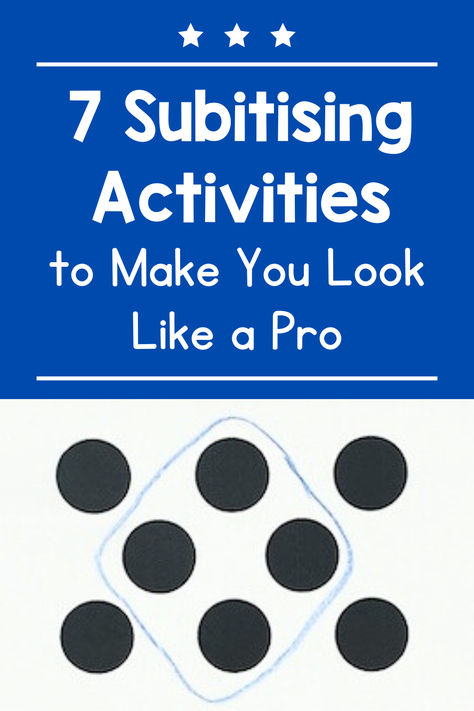 Text on blue background says: 7 Subitising Activities to Make You Look Like a Pro. Image shows 8 dots with a circle around 4 of them to show how a student grouped them to quickly identify the quantity. Subitizing Activities For Preschool, Eyfs Subitising Activities, Subitising Eyfs Activities, Subitising Eyfs Display, Subitizing Activities For Kindergarten, Number Sense Games First Grade, Kindergarten Subitizing, Subitizing Games, Kindergarten Number Sense