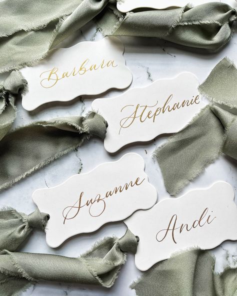 Light Blue or Sage? How to choose a fav? Okay that rhyming was corny but seriously had a hard time choosing which one to use as the first image! Which are you choosing first? 👇🏻 #placecards #wedding #weddingcalligraphy #scwedding #southcarolina #southcarolinawedding #etsyshop #etsyseller #maine #ohio Ribbon Place Cards, Dinner Place Cards, Dinner Hosting, Place Card Calligraphy, Dinner Place, Place Cards Wedding, Dinner Places, Hand Calligraphy, Chiffon Ribbon