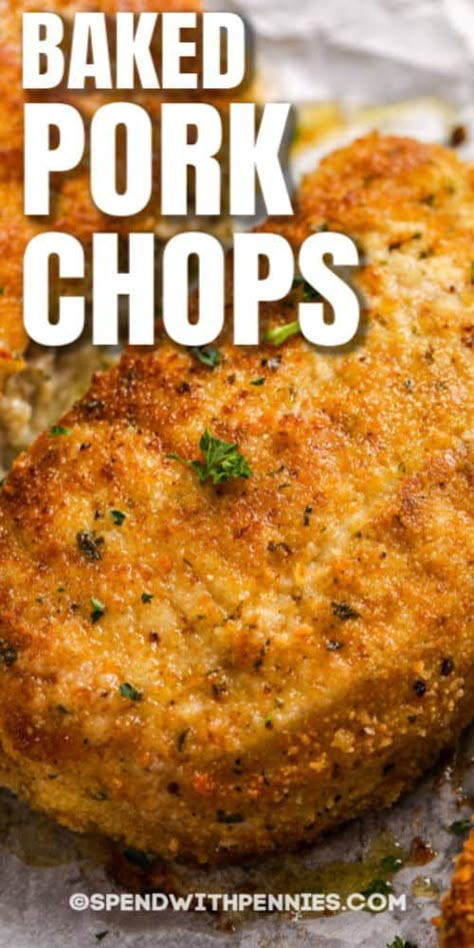 Crispy Breaded Pork Chops (Baked) Baked Breaded Pork Chops, Pork Chops Baked, Breaded Pork Chops Baked, Boneless Pork Chop Recipes, Pork Chop Recipes Crockpot, Baked Pork Chops Oven, Breaded Pork Chops, Easy Pork Chops, Pork Chop Recipes Baked