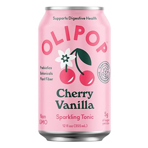 OLIPOP - Cherry Vanilla Sparkling Tonic, Healthy Soda, Prebiotic Soft Drink, Aids Digestive Health, Contains Prebiotics & 9g of Plant Fiber, Caffeine Free, Low Calorie, Low Sugar (12 oz, 12-Pack): Amazon.com: Grocery & Gourmet Food Soda Alternatives, Healthy Soda, Slippery Elm Bark, Tart Cherry Juice, Cherry Vanilla, Pie Flavors, Drink Packaging, Cherry Juice, Cherry Tart