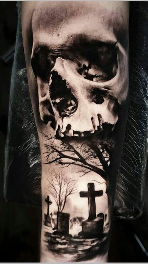 Skull And Graveyard Tattoo, Skull Graveyard Tattoo Design, Skull Tattoo Realistic, Cemetery Tattoo Design, Cemetary Tattoo, Graveyard Tattoo Design, Graveyard Tattoos, Graveyard Tattoo, Harley Tattoos