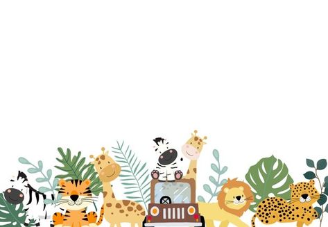 Safari Background Jungle Theme, Jungle Safari Background, Safari Background, Jungle Border, Animals Background, Safari Invitations, Cute Panda Cartoon, Deer Cartoon, Safari Animals Birthday