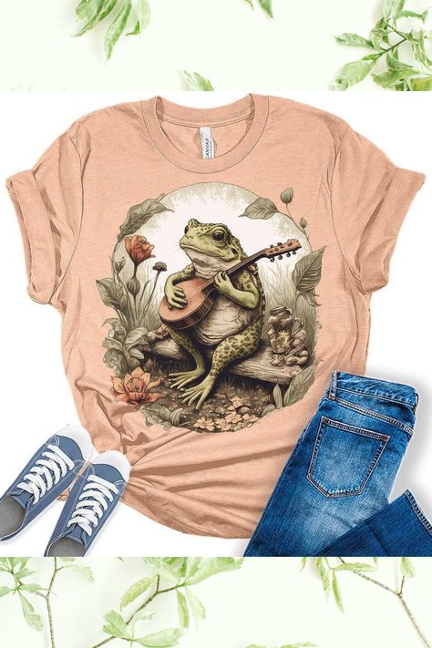 Cottagecore Shorts, Frog Playing Banjo, Cottagecore Tshirt, Aesthetic Frog, Cottagecore Shirt, Shirt Aesthetic, Graphic Tank Tops, Womens Crewneck, Womens Long Sleeve Shirts