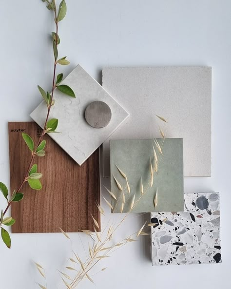 The perfect blend of soft colours and hard materials with a pop of texture with this stunning terrazzo tile and a warm timber grain cabinetry.  The addition of green hue adds a touch of modernity, giving your space a refreshing and stylish feel.  Suppliers:  @Polytec  @perinitiles  @cosentino_au Bathroom Green Terrazzo, Terrazzo Material Board, Sage Green Bathroom Mood Board, Terrazzo Moodboard, Kitchen Material Board, Tile Flatlay, Terrazo Tile, Terrazzo And Wood, Green Terrazzo