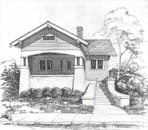 bungalow Bungalow Sketch, Bungalow Drawing, Bungalow Pictures, Rambler House, Simple House Drawing, Journal Sketches, House Design Drawing, Sketchbook Aesthetic, House Design Exterior