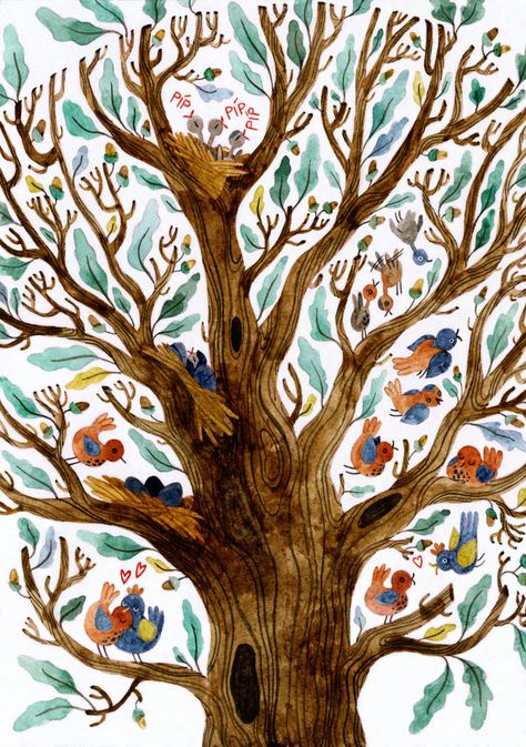 s-u-w-i - Student, Filmographer | DeviantArt Tree With Animals Drawing, Oak Tree Illustration, Bird Life Cycle, Trees For Life, Gratitude Wall, Puzzle Tree, Autumn Collage, Climbing A Tree, Bird Painting Acrylic