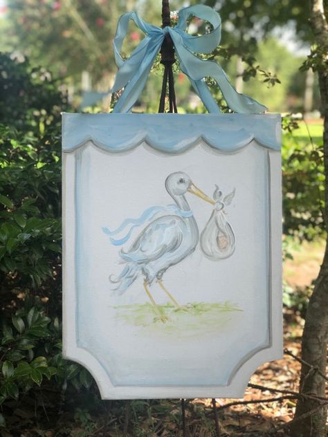 PINK OR BLUE Stork baby door hanger for nursery or hospital door in pink or blue. Stork Door Hanger, Baby Door Hanger, Pink Chinoiserie, Hospital Door Hanger, Baby Stork, Monogram Bow, Hospital Door Hangers, Chinoiserie Ginger Jars, Baby Door Hangers