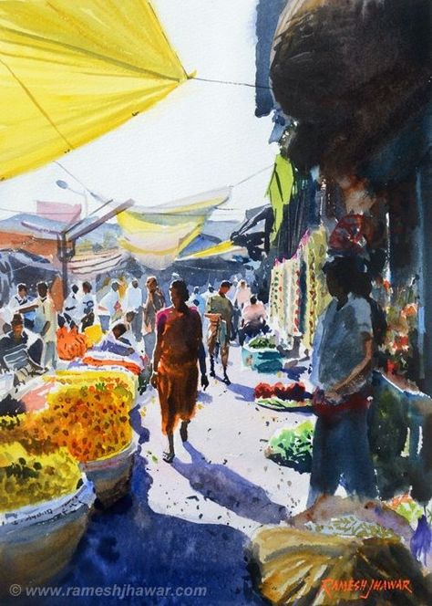 Ramesh Jhawar  'Flower Market, Kolkata' Watercolor, 14 x 10 inches Market Watercolor Painting, Vegetable Market Drawing, Composition Watercolor, Flower Market Drawing, Flower Market Painting, Composition Painting, Triangle Art, Boho Art Drawings, Human Figure Sketches