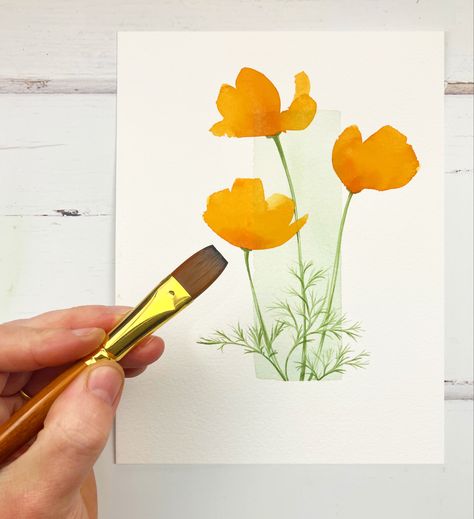 California Poppies Watercolor, Watercolor California Poppy, Poppies Watercolor Painting, Poppy Watercolor Tutorial, Watercolor Poppies Tutorial, Desert Art Projects, California Poppy Drawing, Poppies California, Watercolour Poppies