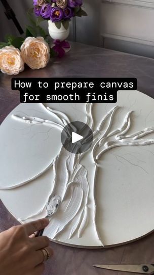 4.1K views · 457 reactions | ⭐Prep a canvas with me ⭐

🤍 Materials Needed:
1. Canvas
2. Gesso
3. Sandpaper (fine grit, such as 220-400)
4. Palette knife or plastic spreader (optional)
5. Large brush or foam roller
6. Water
7. Clean cloth or tack cloth

🤍 Steps:

1. ⭐Prepare Your Workspace ⭐:
 - Lay down a drop cloth to protect your surface.
 - Place your canvas on a flat, stable surface.

2. ⭐Apply the First Layer of Gesso⭐:
 - Stir the gesso thoroughly.
 - Using a large brush or foam roller, apply a thin, even coat of gesso to the canvas. Brush in one direction for the first coat.
 - Let it dry completely (this can take a few hours depending on the brand and thickness).

3. ⭐Sand the First Layer⭐:
 - Once the gesso is dry, lightly sand the surface with fine-grit sandpaper (220-400 grit) Textured Art On Canvas, Interior Artist, Tree Textures, Texture Paint, Plaster Art, Drop Cloth, Foam Roller, Tole Painting, Palette Knife