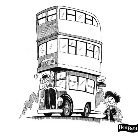 Harry Potter Night, Harry Potter Knight Bus, Harry Potter Lines, The Knight Bus, Bus Illustration, Knight Bus, Harry Potter Sketch, Bus Drawing, Harry Potter Coloring Pages