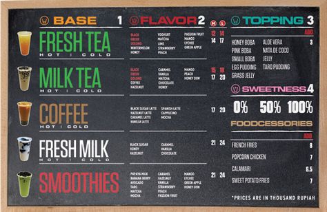 The colors help make the dark on dark background pop out. Milk Tea Menu Board Design, Boba Tea Menu Design, Tea Menu Board, Boba Menu Design, Tea Shop Menu Design, Boba Shop Design, Bubble Tea Menu Design, Milk Tea Menu, Boba Menu