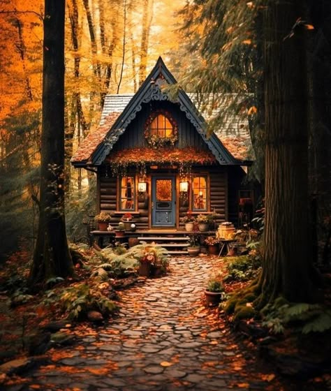 Wooden House In The Forest, Woodland Cottage, Little Cabin In The Woods, Fairytale House, Log Cabin Rustic, Forest Cottage, Autumn Cottage, Forest Cabin, Cozy Cabins