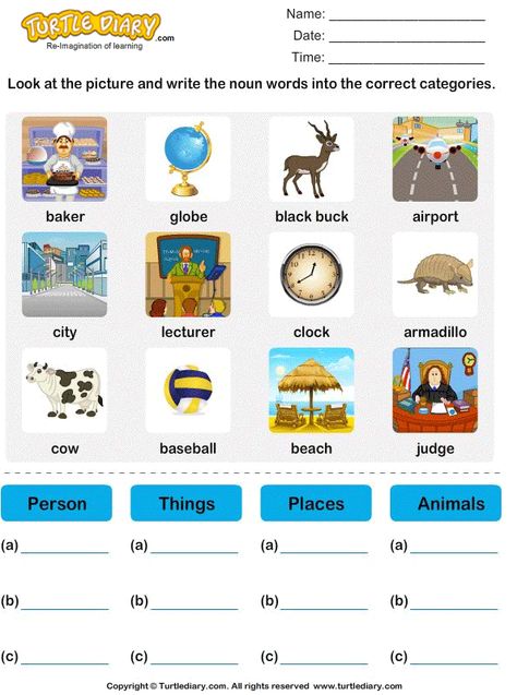 Sort nouns as person, place, animal or thing - 3 worksheets with answers Speech Worksheets, Person Place Thing, Nouns Activities, Worksheets For Class 1, English Grammar Exercises, Ela Worksheets, English Grammar For Kids, English Worksheets For Kindergarten, Grammar For Kids