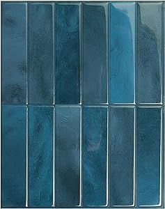 Teal Peel And Stick Tile Backsplash, Blue Peel And Stick Tile Backsplash, Peel And Stick Shower Tile, Backsplash Ideas Blue, Renter Upgrades, Blue Peel And Stick Tile, Subway Tile Bathroom Wall, Blue Backsplash Kitchen, Peel And Stick Tile Backsplash