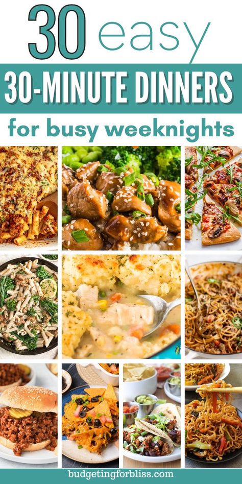 Don't know what to have for dinner tonight? Try these 30 easy 30-minute dinners for busy weeknights. These quick family-friendly 30-minute meals will save your sanity when you don’t know what to have for dinner after a stressful day. Find the best 30-minute dinner recipes with simple ingredients like chicken, beef, pasta, meatless and healthy options to try. 30 Minute Dinners Weeknight Meals, Quick Meals For Two Easy, Basic Meals Dinners, Quick Dinners For Busy Nights, Easy Simple Dinners For Two, Quick Midweek Dinners, 30 Minute Beef Meals, 30 Days Of Meals, Non Chicken Dinner Recipes