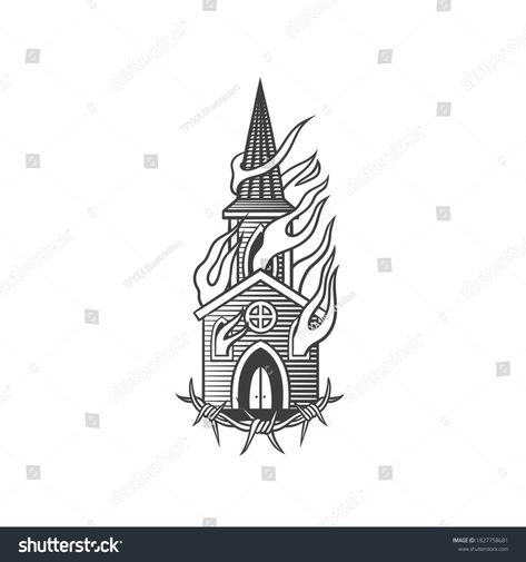 Burning Church Traditional Tattoo, Burning Church Drawing, Burning Church Tattoo Design, Cathedral Tattoo, Art Brainstorm, Church Tattoo, Filler Tattoos, Burning Church, Linocut Ideas