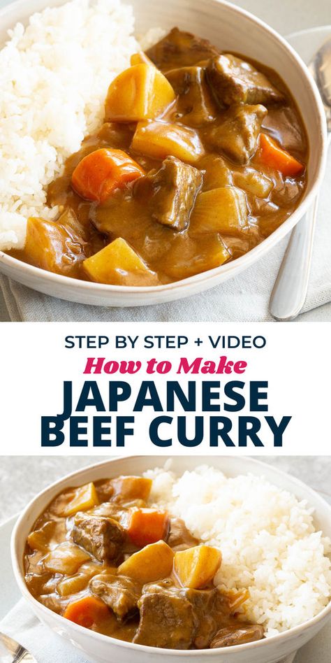 Enjoy every bite of your very own homemade Japanese beef curry! Featuring tender beef (or any meat you like!) with veggies simmered to perfection in aromatic curry sauce. Serve with sushi rice or udon noodles for the perfect weeknight dinner.  This recipe is so easy and you can even make it from scratch with our Japanese curry roux and curry powder recipes. Recipes For Dinner Korean, Japanese Style Curry, Asian Curry Recipes, Japanese Cooking Recipes, Japanese Recipe Ideas Easy, Beef Curry Slow Cooker, Curry Powder Recipes, Japanese Curry Chicken, Korean Curry