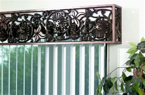 Tableaux faux wrought iron valance Cornice Window Treatments, Faux Wrought Iron, Cornice Ideas, Tp Roll Crafts, Cornice Box, Decorative Fireplace Screens, Decor For Windows, Door Treatments, Drapery Treatments