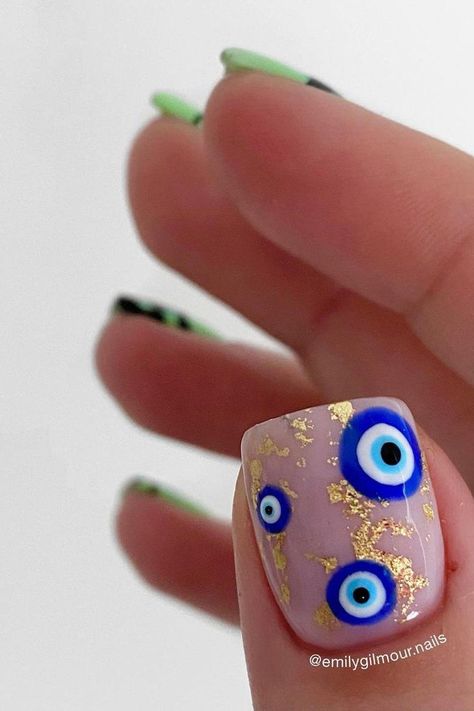 35 Enchanting Evil Eye Nails for a Mysterious and Trendy Manicure Nail With Eye Design, Evil Eye Nail Designs For Short Nails, Evil Nails Designs, Hamsa Nails Evil Eye, Evil Eye Short Nail Designs, Seeing Eye Nails, Lucky Eye Nails, Nail Eye Design, Evil Eye Nail Art Design