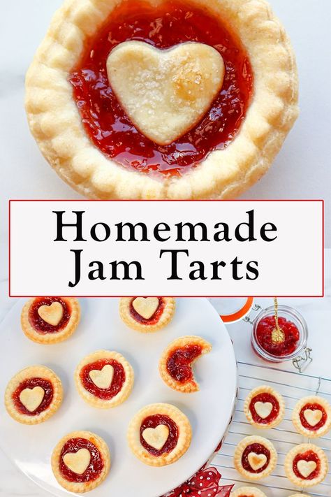 Making jam tarts brings back so many childhood memories of baking jam tarts with my Mum's leftover pie crust dough, did anyone else do this growing up to or was it just me lol? This Jam tart recipe is such a simple dessert to make and is perfect for party food treats. Click the link for the full step by step strawberry jam tart recipe. Leftover Jam Uses, Tart Cherry Jam Recipe, Jam Tarts Recipe Simple, Jam Tarts Easy, Easy Jam Tart Recipe, Jam Tartlets, Jam Tarts Recipe, Strawberry Jam Tarts, Leftover Pie Crust