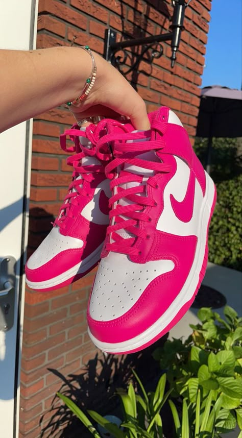 Hot Pink Nike Jordans, Hot Pink Jordan 1 Outfit Women, Nike Air Jordans Hot Pink, Bright Pink Jordans, Nike Hot Pink Shoes, Dunks Hot Pink, Hot Pink Jordan 1, Prime Pink Dunks Outfit, Neon Pink Jordans