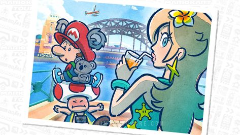 The next #MarioKartTour event is taking place in Sydney, Australia! Rosalina, Toad, and Baby Mario (decked out in koala ears and backpack) are all ready to start this new 2-week competition. #MarioKartTour Mario Official Art, Luigi Art, Mario Funny, Nintendo Mario Bros, Super Mario Nintendo, Mario Fan Art, Mario Stuff, Princesa Peach, Moe Anime