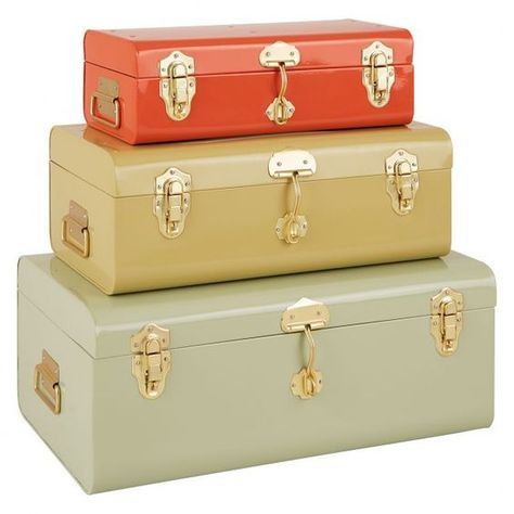 Metal Trunks: Set of three stackable metal trunks in sage, fennel and pumpkin colours with gold-finish clasps and handles, £110 from Habitat affiliate partner Olive Nursery, Suitcase Furniture, Trunk Makeover, Vintage Bedroom Styles, Decorative Trunks, Metal Trunks, Painted Trunk, Coffee Table Trunk, Storage Trunks