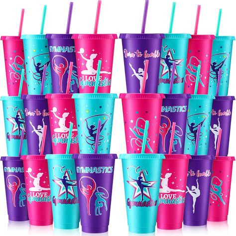 PRICES MAY VARY. Rich Variety and Abundance: our plastic reusable cups with lids and straws come in a generous pack of 24, available in 3 enchanting colors namely turquoise, rose red, and purple; Each cup flaunts a different gymnastic figure, with eye-catching glitter sequin design on the cup body, adding zest and variety to your table setting or party Safe and Appealing Multi-use Cups: these gymnastics plastic reusable cups with lids embody both reliability and attractiveness; Made from quality Gymnastics Tumbler, Gymnastics Party Favors, Gymnastic Party, Plastic Cups With Lids, Cups With Lids And Straws, Gymnastics Party, Cups With Lids, Gymnastics Gifts, Turquoise Rose