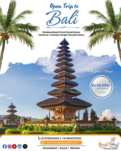 Escape to Bali with our all-inclusive travel package! 🏝️ Indulge in luxury accommodations, thrilling activities, and unforgettable memories for just ₹69,999/-. Book now and experience the trip of a lifetime! www.travelsukha.com #TravelSukha #BaliEscape #AdventureAwaits #vacations #bali #traveltourism All Inclusive Trips, Travel Brochure, Luxury Accommodation, Unforgettable Memories, Travel Packages, The Trip, Travel And Tourism, Tour Packages, Travel Agency