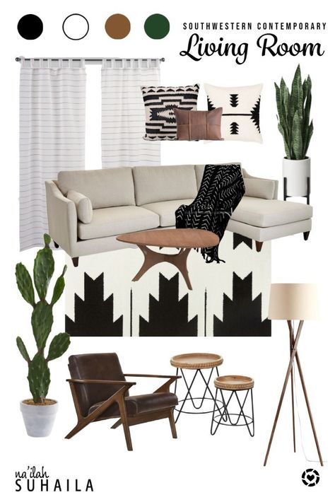 Modern Southwestern Decor Living Room, Southwestern Contemporary Decor, Southwest Academia, Black And White Boho Decor, White Black And Green Living Room, Black And White Southwestern Decor, Southwest Modern Living Room, Green Black And White Living Room, Black White And Green Living Room