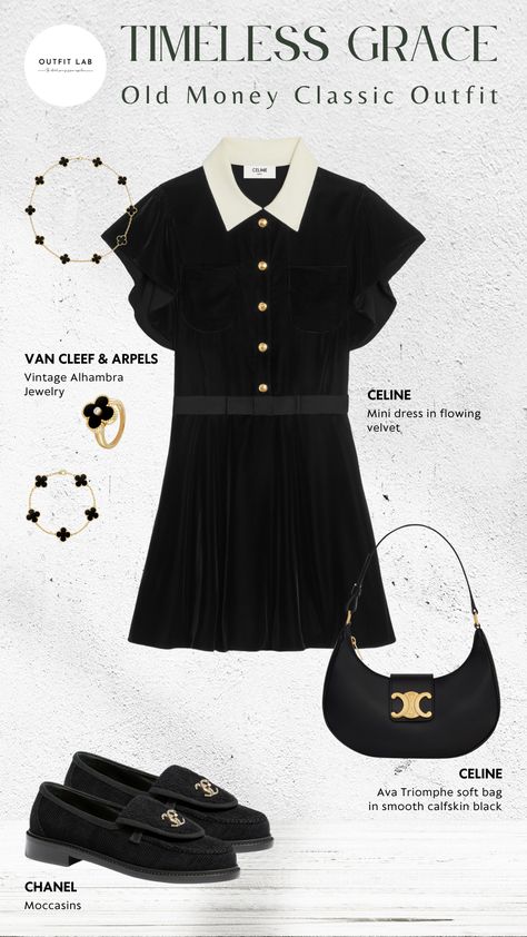 This outfit exudes refined sophistication, featuring a flowing velvet mini dress by Celine complemented by the iconic Ava bag. The look is completed with classic Chanel moccasins and Van Cleef & Arpels' timeless jewelry from the Vintage Alhambra Collection! #SophisticatedStyleClassy #ClassyLooksForWomen #ElegantCasualOutfitSummerClassy #SummerOutfits #ClassicChicOutfits #OldMoneyOutfits #OldMoneyStyle #WealthyWomenStyle #OldMoneyClothes Classic Chanel Dress, Chanel Casual Dress, Chanel Casual Outfit Women, Celine Outfits Women, Channel Dress Classy, Celine Outfit Style, Chanel Dress Casual, Chanel Moccasins, Chanel Mini Dress