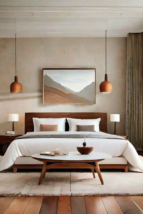 Earthy Tranquility • Gentle light washes over the serene bedroom, accented by hanging wooden pendants • The landscape painting above the bed whispers tales of distant, rolling hills • A plush, white bedspread invites restful slumbers, complemented by the simplicity of clean, crisp linens • A mid-century modern coffee table centers the room, a perfect nook for morning reflections • Rich, polished wood floors ground the space in nature's warmth • This bedroom is a harmonious retreat Walnut And White Bedroom, Thuma Bedroom, Walnut Wood Bedroom, Brown Wood Bedroom, White Lights Bedroom, Arabic Interior Design, White Bedspread, Neutral Bedroom Design, Walnut Bedroom