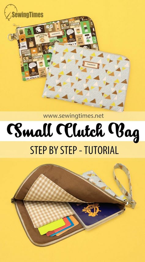 DIY Small Clutch Bag | How to make a Purse Bag with wristlet strap [sewingtimes] Make A Purse, Wristlet Patterns, Handmade Wristlet, Diy Clutch, Making Bags, How To Make Purses, Bags Sewing, Sewing 101, Tote Bags Sewing