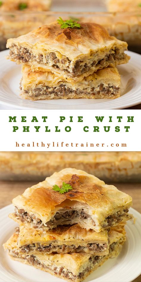 Meat Pie With Phyllo Crust (Egyptian Goulash) - Healthy Life Trainer Phyllo Meat Pie, Egyptian Goulash, Phyllo Dough Recipes, Phyllo Recipes, Middle East Recipes, Minced Beef, Meat Pies, Cup Of Milk, Egyptian Food